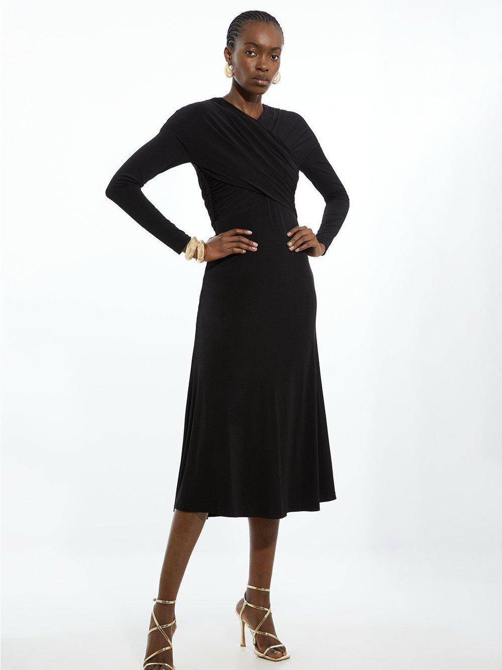 Karen Millen Black Long-Sleeve Midi Dress with Draped Bodice S